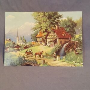 Antique Print Landscape German Village Watermill- 1940s